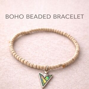 Boho Beaded Bracelet w/ Arrowhead Charm – Abalone Inlay Stretch Stackable